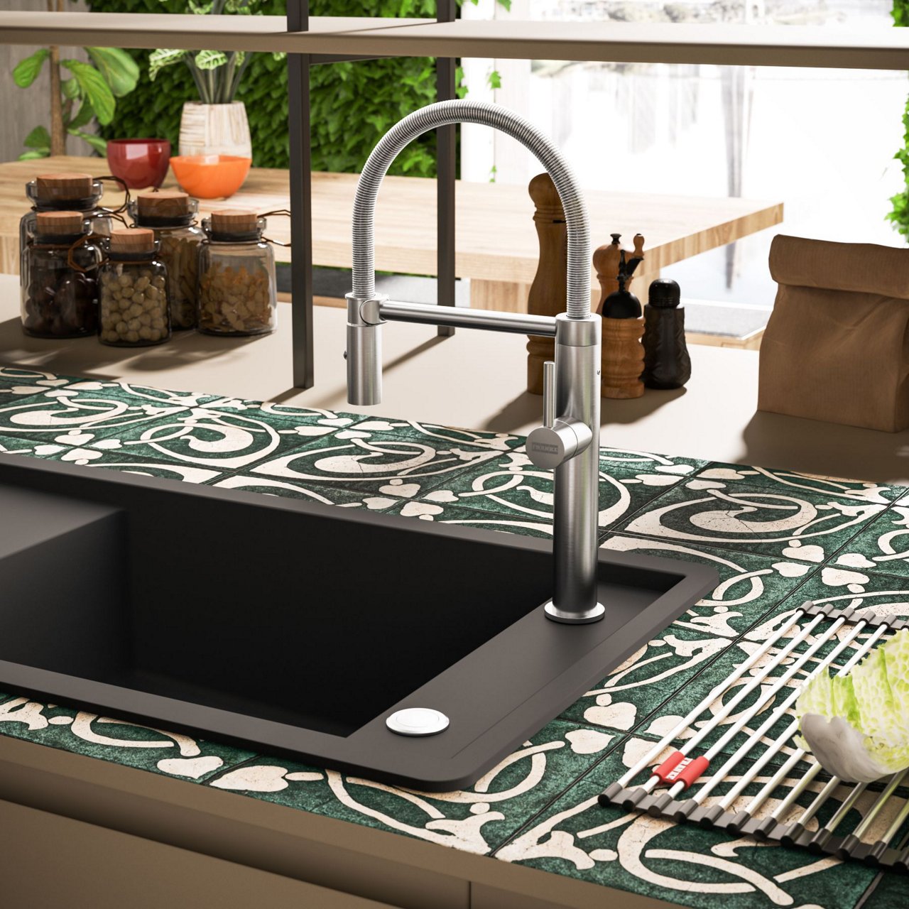 FSG 211-88 Fragranite Matte Black sink/ Pescara Semi Pro 360 faucet 